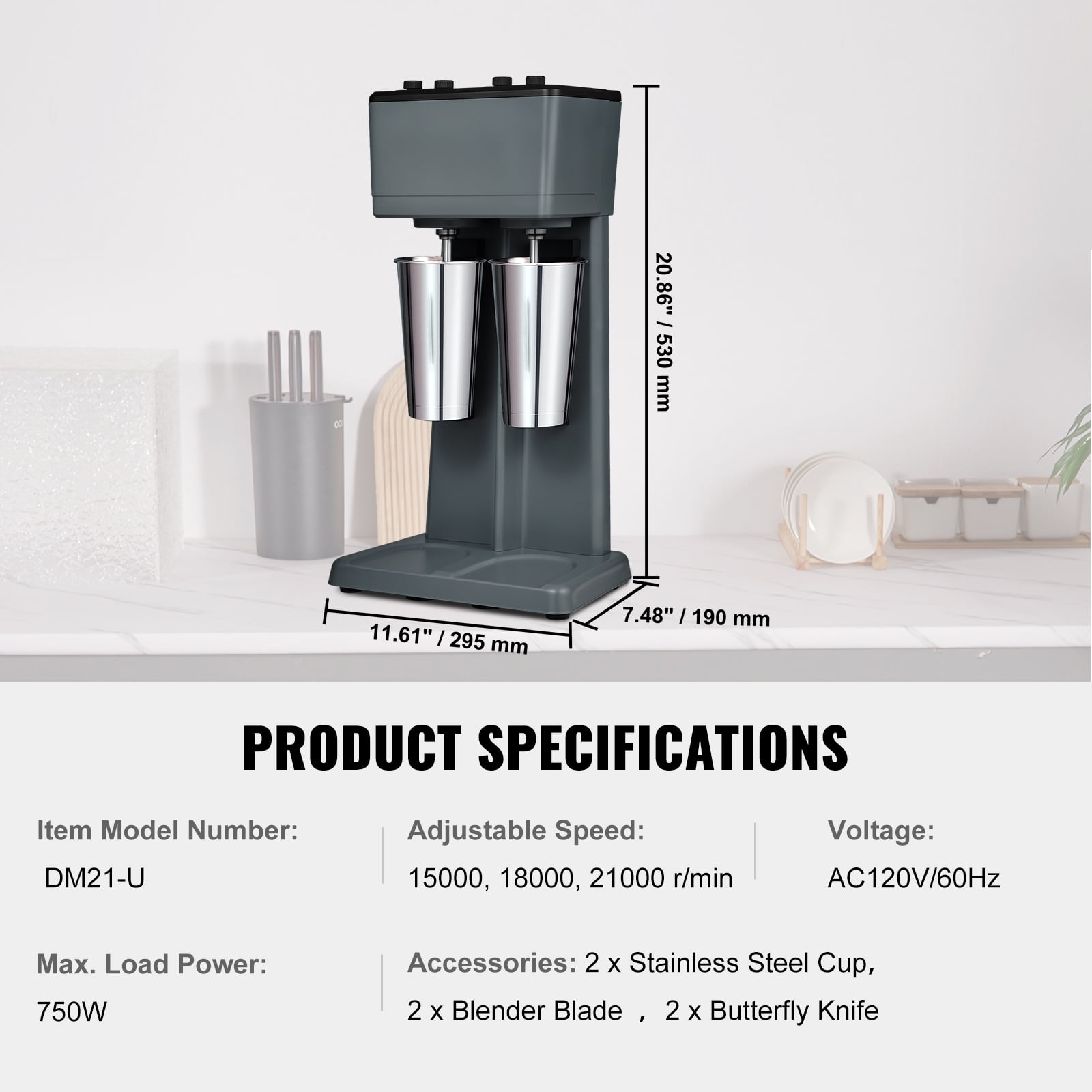 VEVOR Commercial Milkshake Machine, 375W Dual Head Milkshake Maker Mixer, 3-Speed Drink Blender Machine, Includes 2 Pack 820ml Stainless Steel Cups
