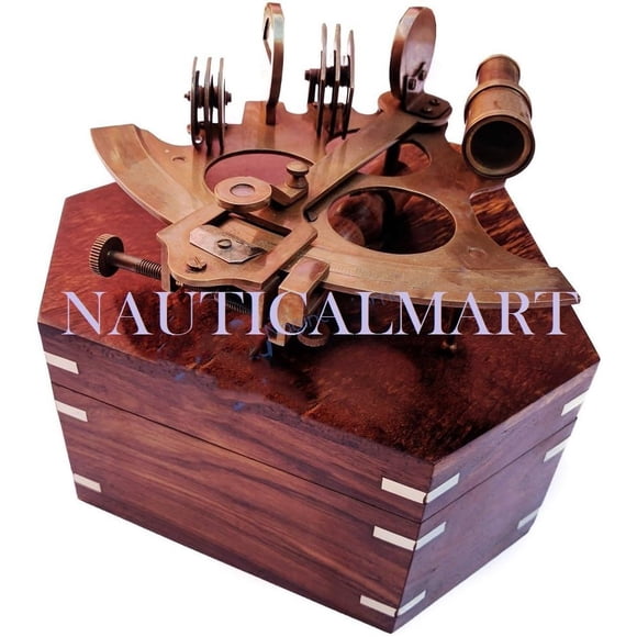 Antique Nautical Brass Maritime Sextant with Premium Solid Hard Wood Crafted Box | Sailor's Pirate Decor Gift