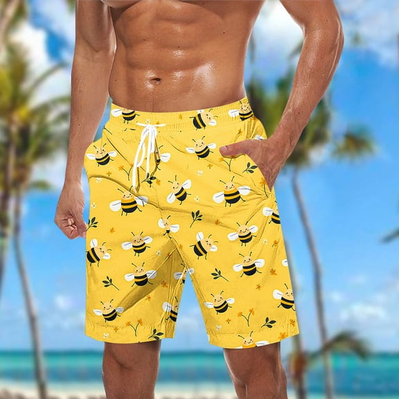 LIBRCLO Mens Beach Shorts Quick Dry Swim Trunks Bee Festival Prints Bathing Suits Lightweight Breathable Swimsuit Summer Board Shorts Swimwear Yellow 5XL