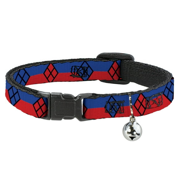 DC Comics Cat Collar, Breakaway Collar with Bell, Harley Quinn Diamond Stripe Red Blue, 8.5 to 12 Inches 0.5 Inch Wide