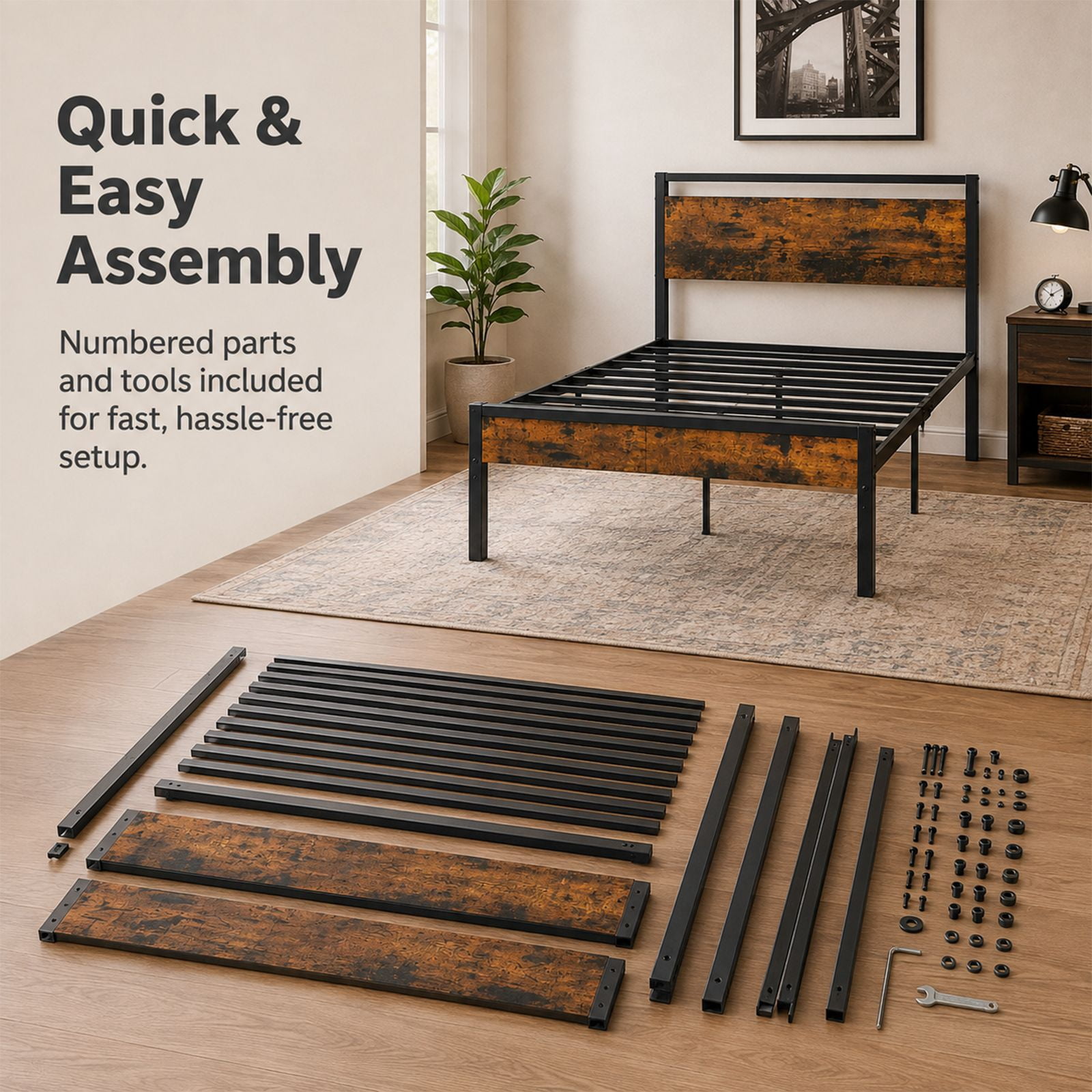 Alvantor Metal Platform Bed Frame, Mattress Foundation with Headboard and and Footboard, No Box Spring Needed Support, Noise Free, Easy Assembly