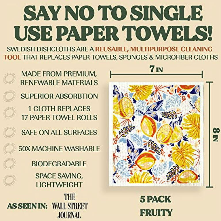 FEBU Swedish Dishcloths for Kitchen | 5 Pack Japanese Pattern Dish Towels |  Reusable Paper Towels Washable | Non-Scratch Cellulose Sponge Cloths | No