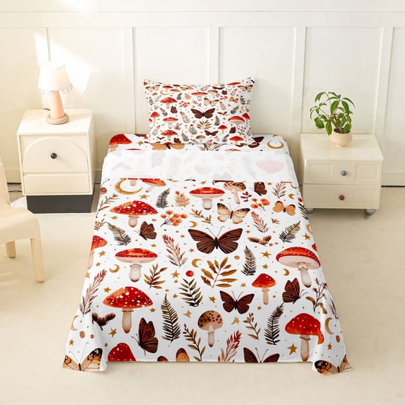 Homewish Dreamy Boho Mushrooms Twin Sheets,Butterfly Floral Bedding,White Red,3-Piece,1 Fitted Sheet and 1 Pillowcase