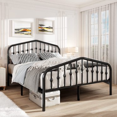 Metal Bed Frame With Headboard - Double/Queen Size, Black Steel Platform Bed With Under Bed Storage, 207x156x90 Cm