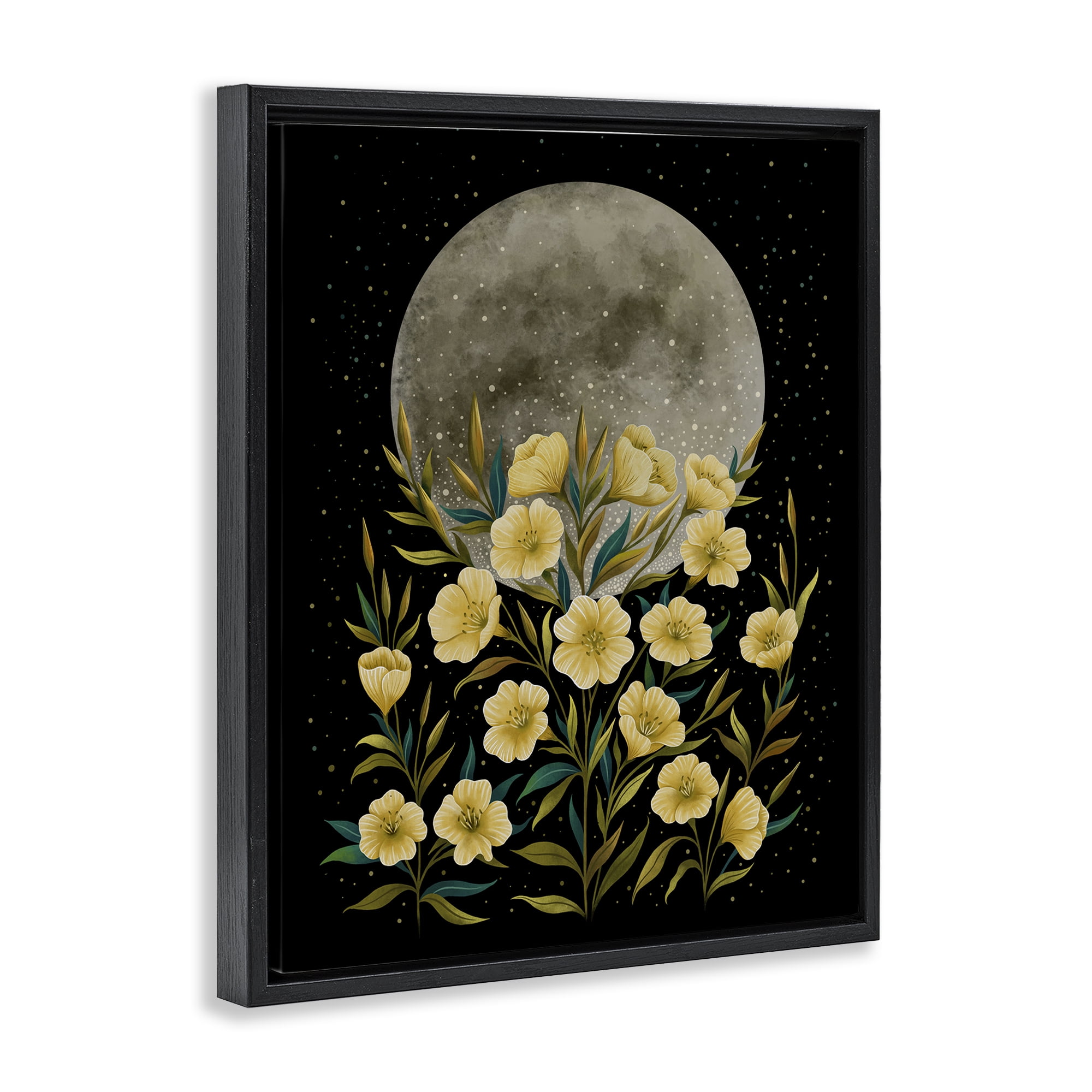 Stupell Industries Moon Greeting Yellow Flowers Black Framed Floater Canvas Wall Art, design by Episodic Drawings
