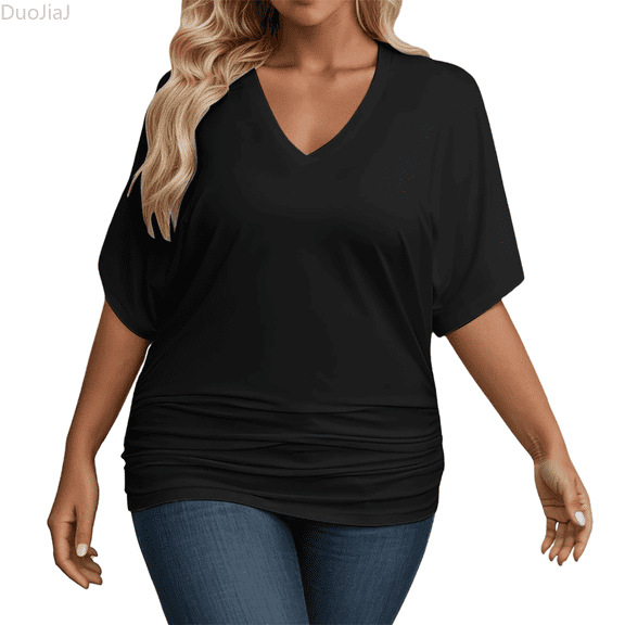 Duojiaj Womens Plus Size V Neck T Shirts Summer Short Sleeve Tops T-Shirts Tunic Casual Loose Fit Soft Basic Tees