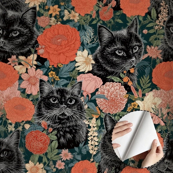 Black Cat Floral Wallpaper Vintage Gothic Quirky Peel and Stick Wallpaper Waterproof Home Decor for Living Room Bedroom Bathroom Dorm Room Drawer 17.7 * 78.5 in