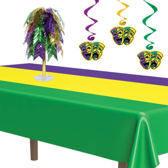 Beistle Mardi Gras Striped Disposable Tablecloth – 108” – Multicolor – Pack of 12