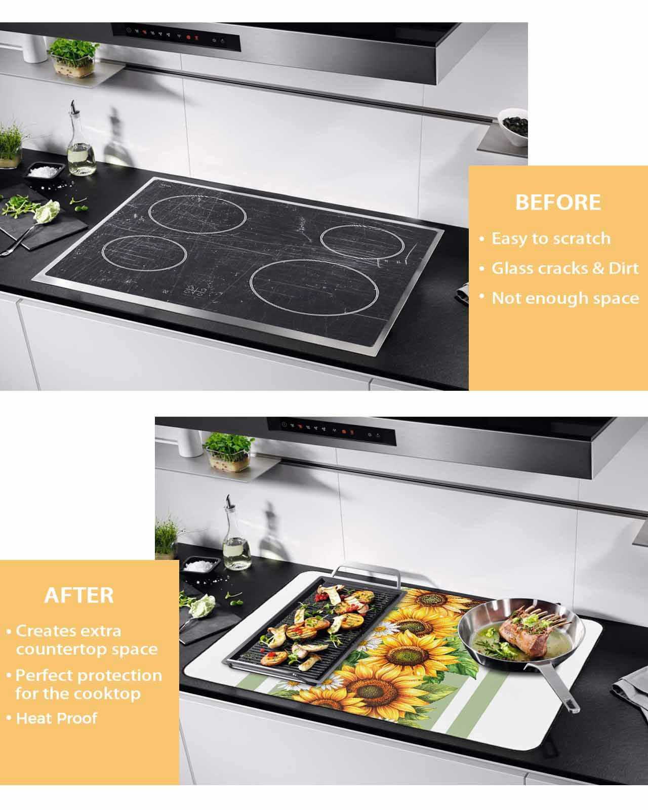 nqOlkjepod Large Induction Cooktop Protector Mat 24"x21", Sunflower Stove Top Covers for Electric Stove, Yellow Summer Flower Sage Green Stripe Stove Burner Cover Mats, Glass Top Stove Cover