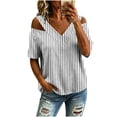 thumbnail image 2 of Neewe Women's 2026 Spring Summer Striped V Neck Short Sleeve Pullover Blouse Off Shoulder T-Shirts, 2 of 6