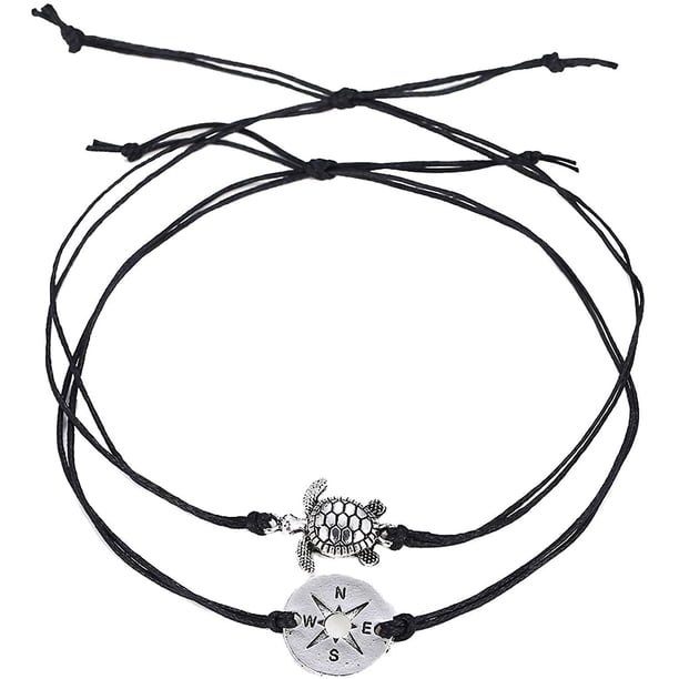 BlackTobillera de cadena para pie, 2 unids/set, tobillera con dije de brújula hueca de tortuga, pulsera de tobillo de playa de verano para mujer
