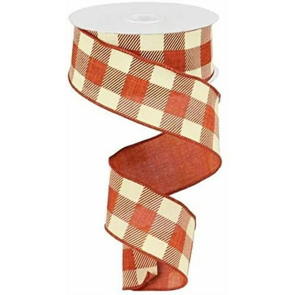 Plaid Check Wired Edge Ribbon - 10 Yards Rust, Ivory 1.5"