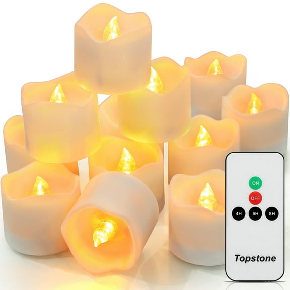 Topstone Flickering Tea Lights Candles ,Remote Flameless Candle ,Fake Candles with Timer,Battery Powered Votive Candle for Christmas ,Halloween ,Wedding Decoration ,Warm Yellow ,Pack of 12