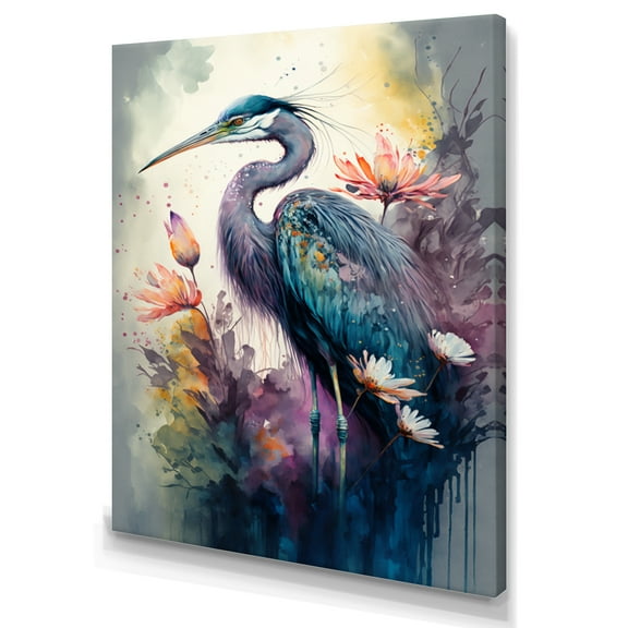 Designart Cute Heron Floral Art II Canvas Wall Art