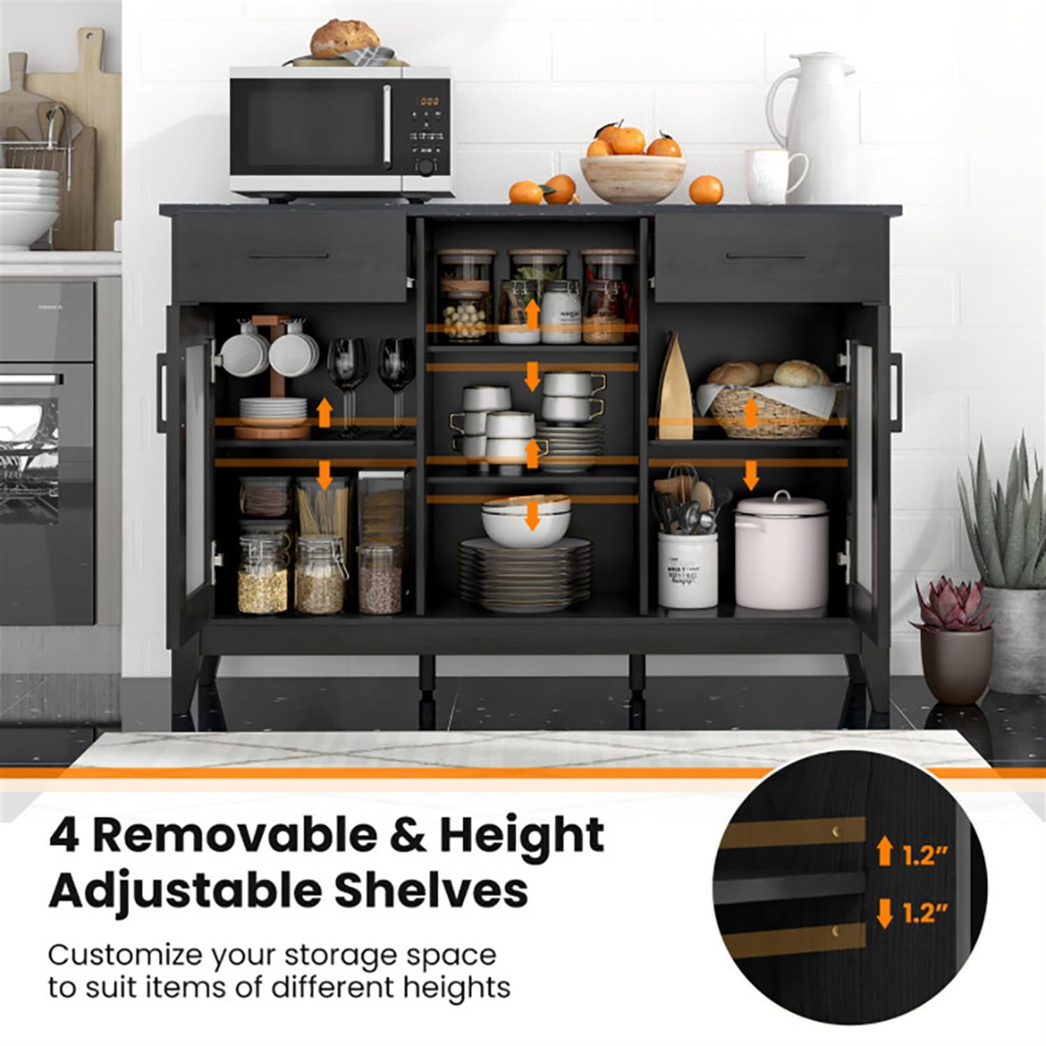 Demi Bonn 52" Sideboard Buffet Cabinet with 2 Drawers and 4 Adjustable Shelves, Kitchen Storage Cabinet, Wood Coffee Bar Buffet Table for Dining Room, Black