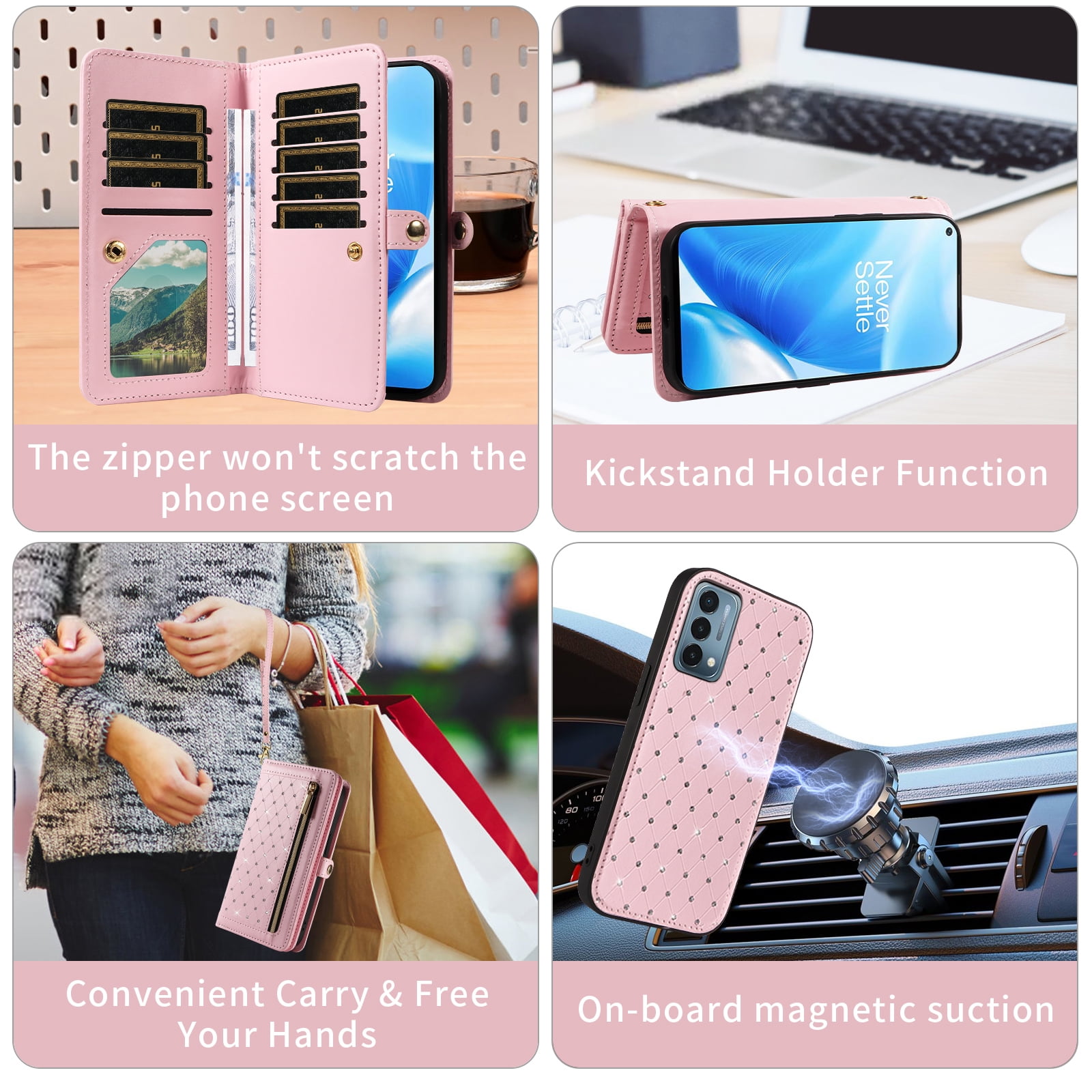 Phone Case for OnePlus Nord N200 5G Zipper Wallet Detachable Cell Cover with Tempered Glass Screen Protector Crossbody Lanyard Strap Bling Glitter Flip Card Holder Slot One Plus N 200 G5 Women Pink