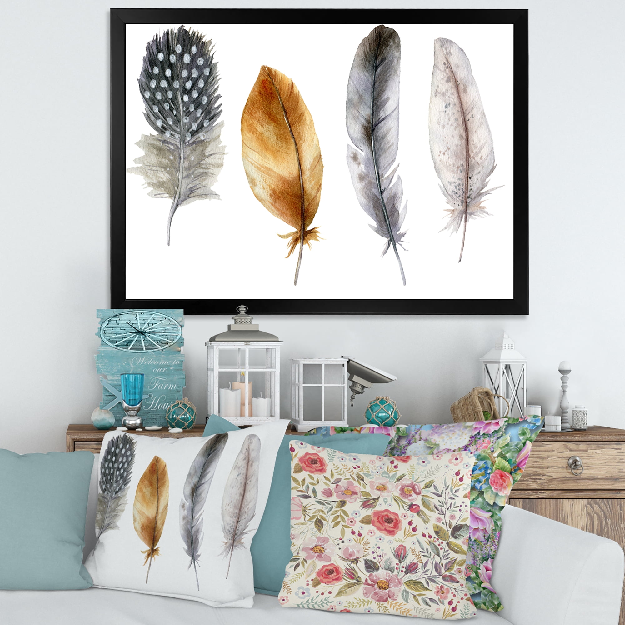 Designart 'Boho Feather In Blue and Orange Striped & Polka Dost' Bohemian & Eclectic Framed Art Print