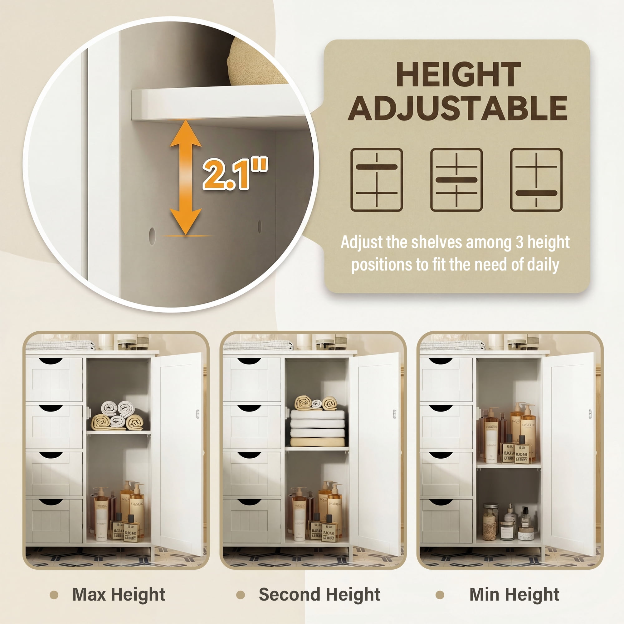 Furmax Wooden Bathroom Floor Cabinet with 4 Drawers, 1 Adjustable Shelf & 1 Cupboard，Side Storage Organizer Storage Cabinet for Bathroom, Entryway, White