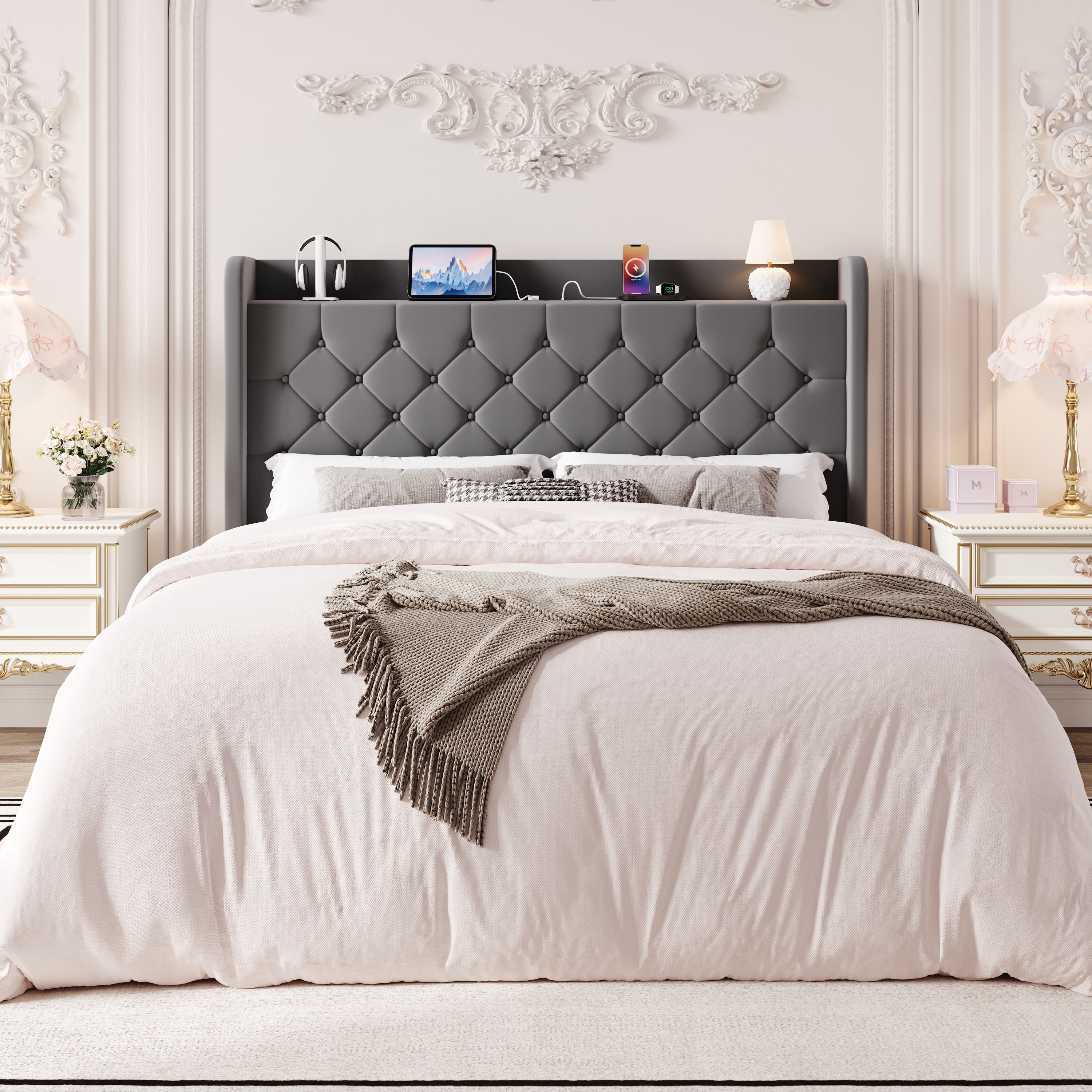 Einfach Full Bed Frame, Upholstered Platform Bed with Storage Wingback Headboard and Fast Charging Hub, No Box Spring Required, Gray