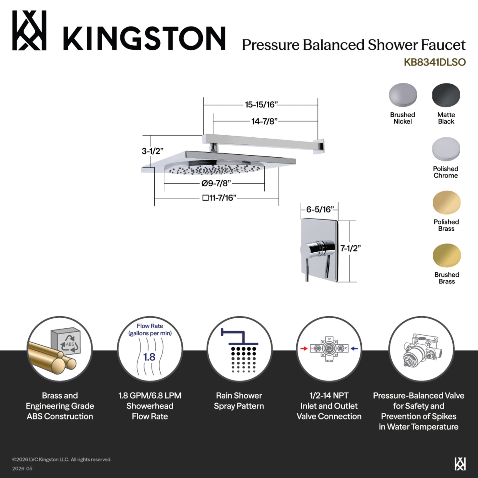 Kingston Brass KB8341DLSO Concord Single-Handle Pressure Balanced Shower Faucet in Polished Chrome