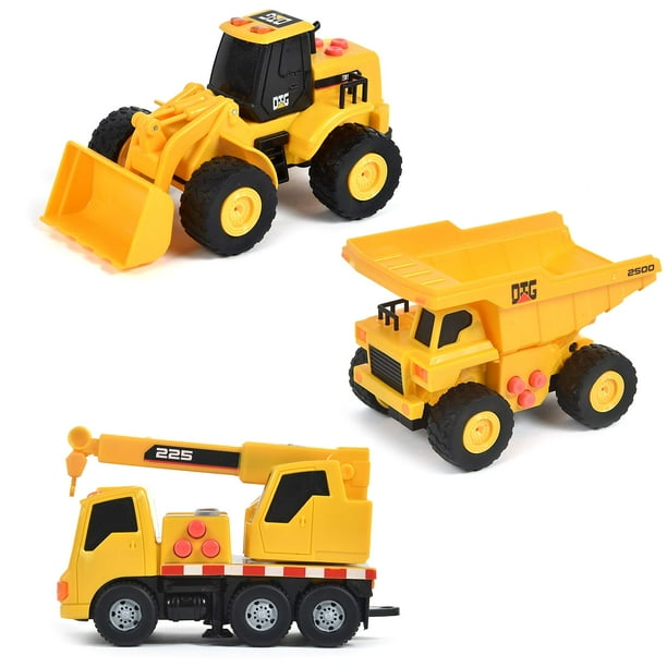 Sunny Days Entertainment Mini vehículos de construcción, paquete de 3 - Vehículo de juguete con luces y sonidos | Incluye camión volquete, cargador frontal y camión grúa: Maxx Action