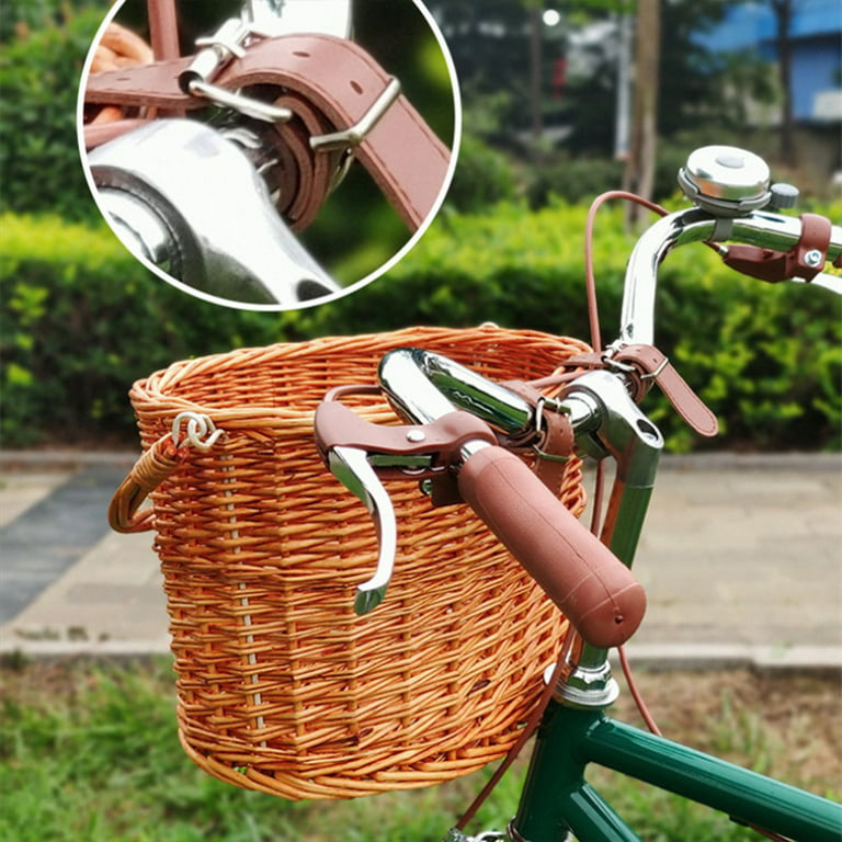 Wicker Bicycle Basket,Retro Bicycles Cane Woven Rectangular Basket with  Authentic Leather Straps Buckles,Front Handlebar Wicker Bike Basket Shopping  Storage,Large Rattan Wricker Vintage Bicycle Bike 