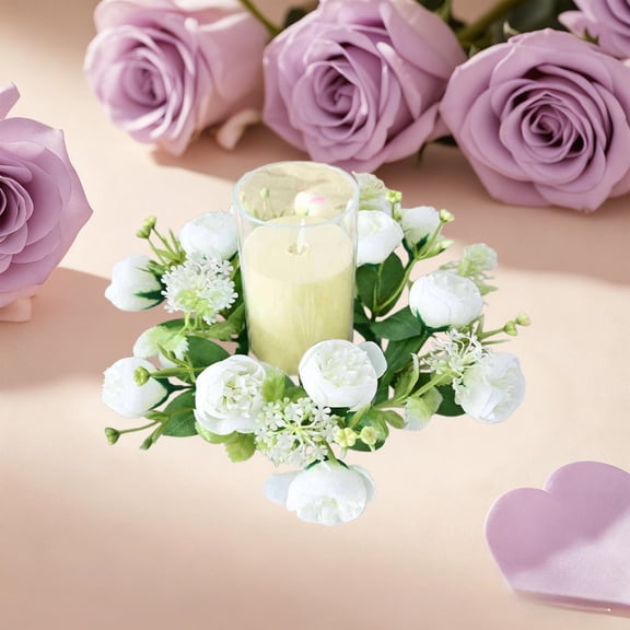 Naittoop Wedding Rose Candle Rings Swag Wreath Artificial Floral Wreaths with Lamb Leaf Flower Candle Rings Candleholders Garland for Pillar Centerpiece Party Table Wall Window Farmhouse Decor White
