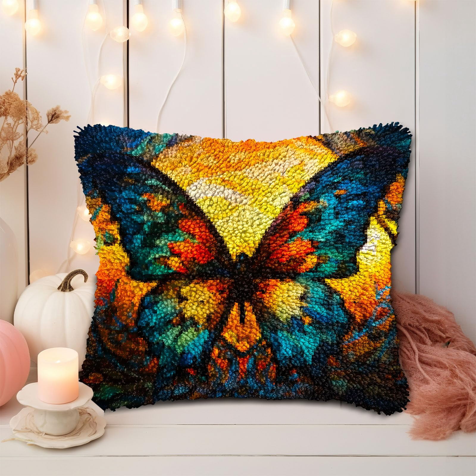 Stained Glass Colorful Butterfly DIY Latch Hook Pillow Kits for Adults Printed Pillowcase Crochet Yarns Hooking Handmade Pillow Cover Cushion for Home Sofa Decoration 17x17inch(2)