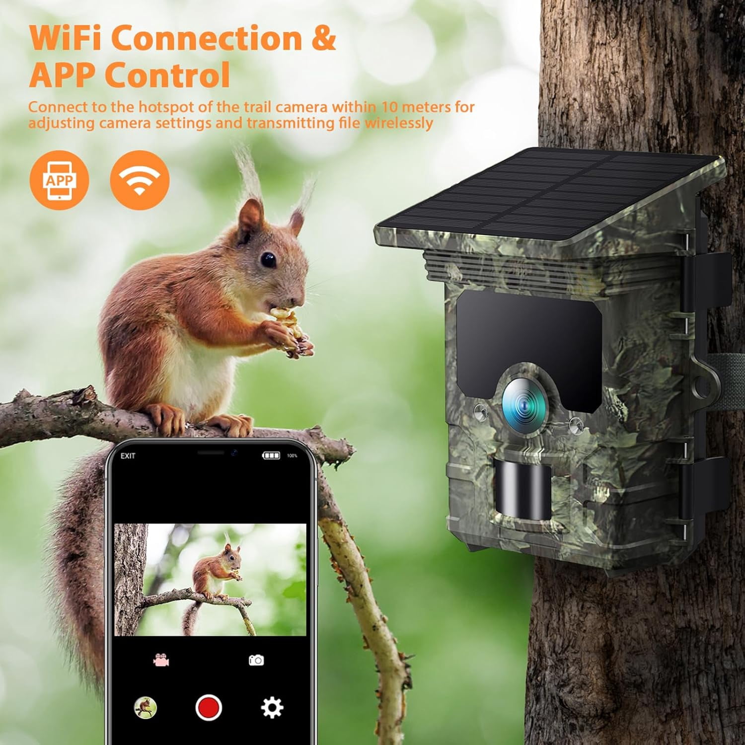 CAMPARK Solar WiFi Trail Camera 4K 85MP Built-in Lithium 2200mAh Battery Rechargeable Game Wildlife Hunting Camera with Waterpoof IP66 Night Vision 0.1s Motion Activated