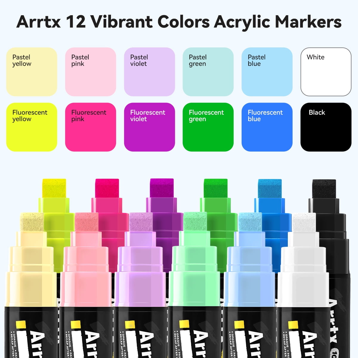 Arrtx Acrylic Paint Markers, 10mm Felt Tip Jumbo Markers, 12 Pack Colored Graffiti Markers