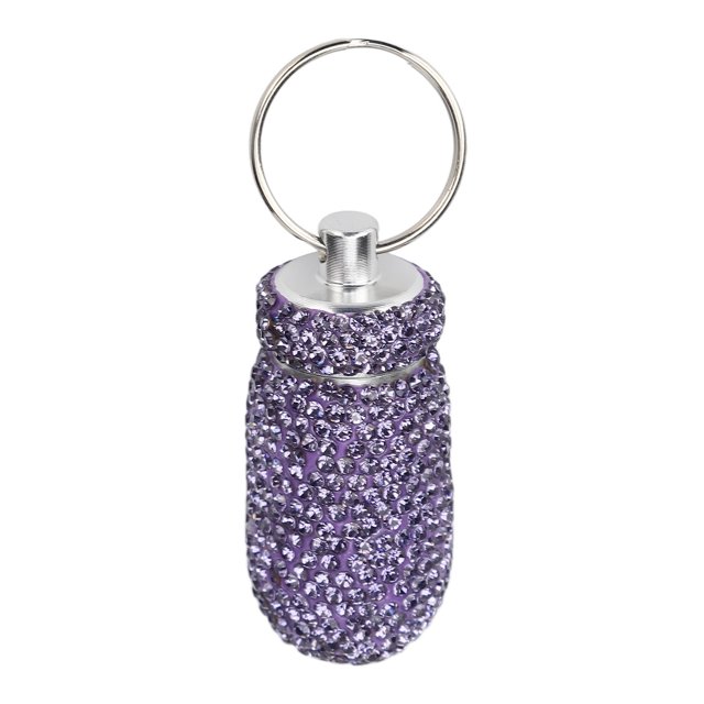 Estuche de almacenamiento de cápsulas con diamantes de imitación morados y llavero, caja portátil de aleación de aluminio para medicamentos.