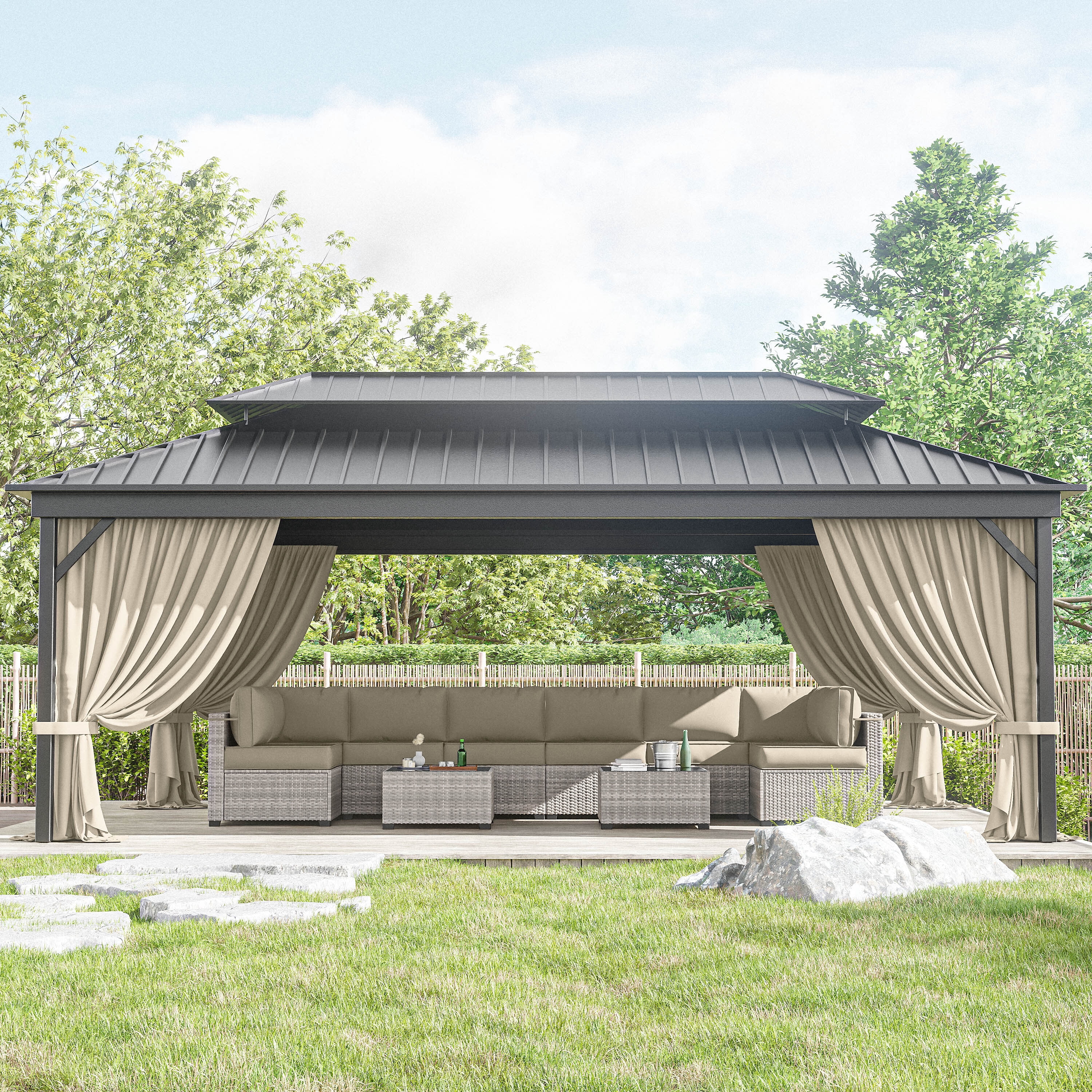 Kimunuk Outdoor Replacement Curtains for 12' X 20' Gazebo, Waterproof 4-Panels Cream Gazebo Universal Privacy Sidewall Curtains with Zipper for Patio Garden Backyard, Curtain Only