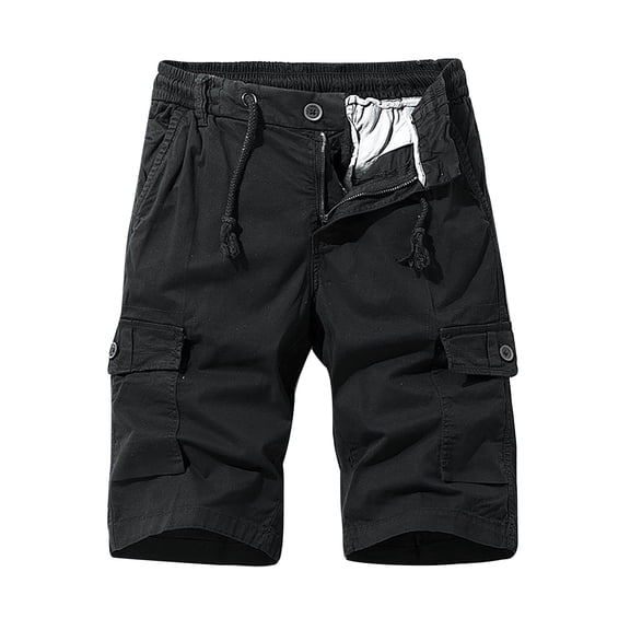 IYTR Mens Cargo Shorts Drawstring Elastic Waist Cargo Shorts Zipper Button Multi-Pockets Sport Shorts Solid Color Summer Workout Shorts Outdoor Hiking Shorts (Black,M)