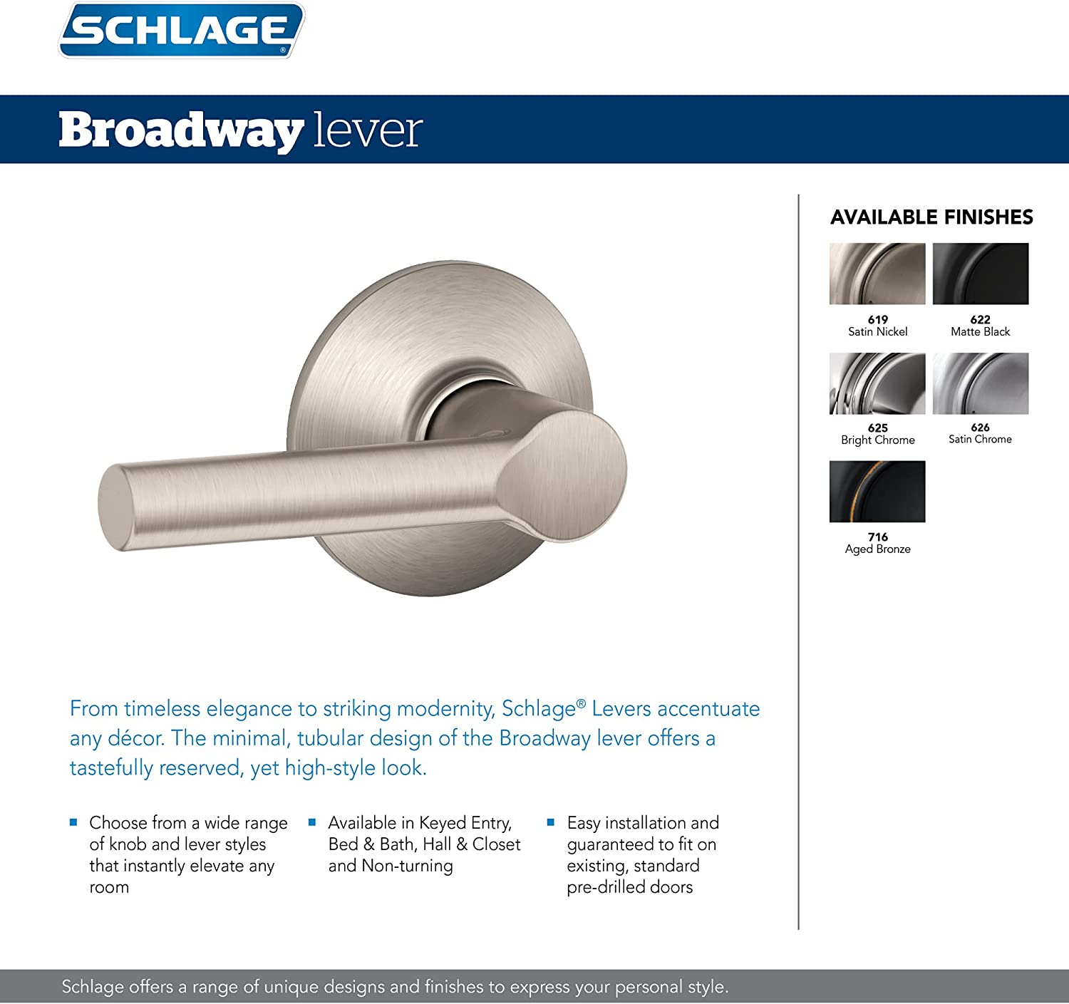 Schlage F10 BRW 622 GRW Broadway Door Lever with Greenwich Trim, Hall ...