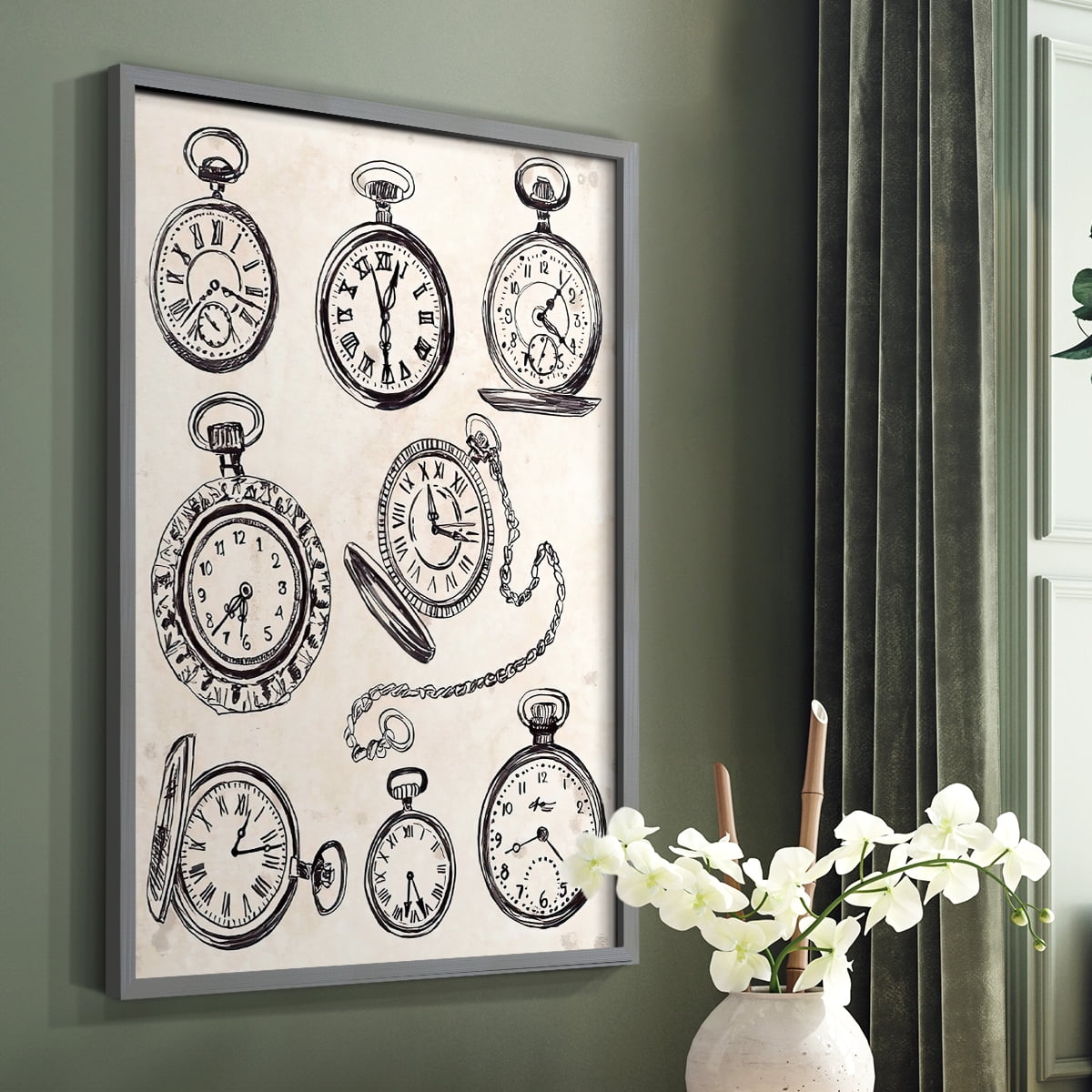 Pocket Watch Sketches I in Gray Solid Wood 8 x 10 Framed Print