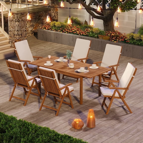 7 Piece Patio Dining Set, Outdoor Acacia Wood Furniture Set, Extendable Rectangular Table and 6 Foldable Reclining chairs /Removeable Cushion, FSC Certified, for Deck Garden Backyard
