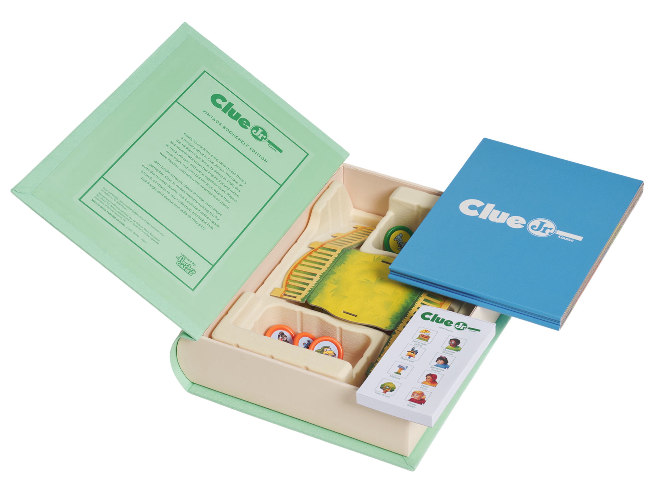 WS Game Company Clue Jr. Vintage Bookshelf Edition – The Case of the Hidden Toys – Fabric Wrapped Book Storage Mystery Board Game for Kids Ages 5 and Up
