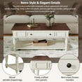 thumbnail image 4 of [Luckynote]Coffee Table with One Drawer, Easy Assembly, Retro Movable Rectangular Cocktail Table with Lockable Wheels, Country Style Center Table with Solid Wood Legs for Living Room, Walnut+White, 4 of 10