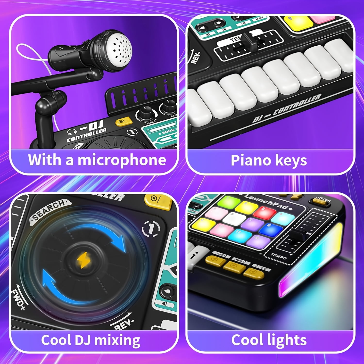 All-in-One DJ Mixing Controller with Electric Keyboard, Sound Effects & Recording Functions for Kids