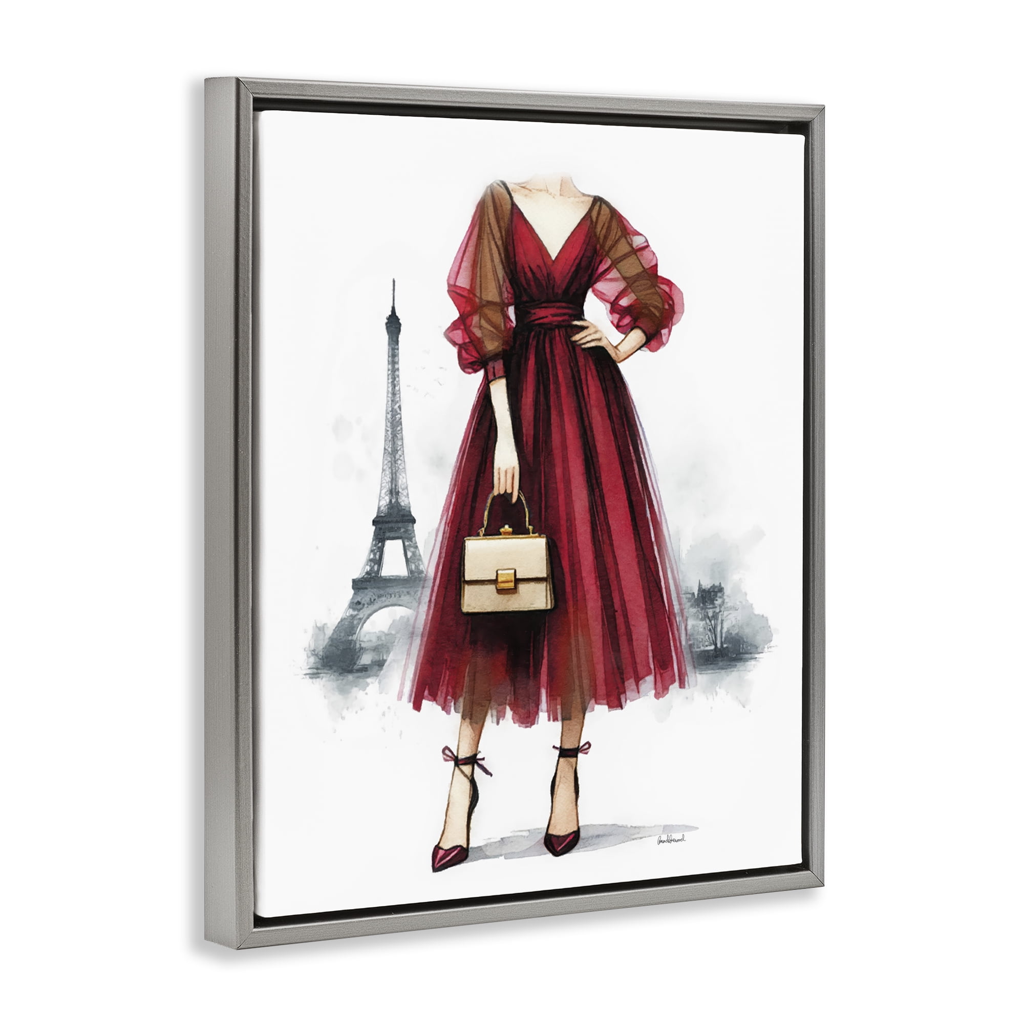 Stupell Industries Parisian Fashion Red Dress Fashion Painting Gray Floater Framed Canvas Art Print Wall Art, 17 x 21