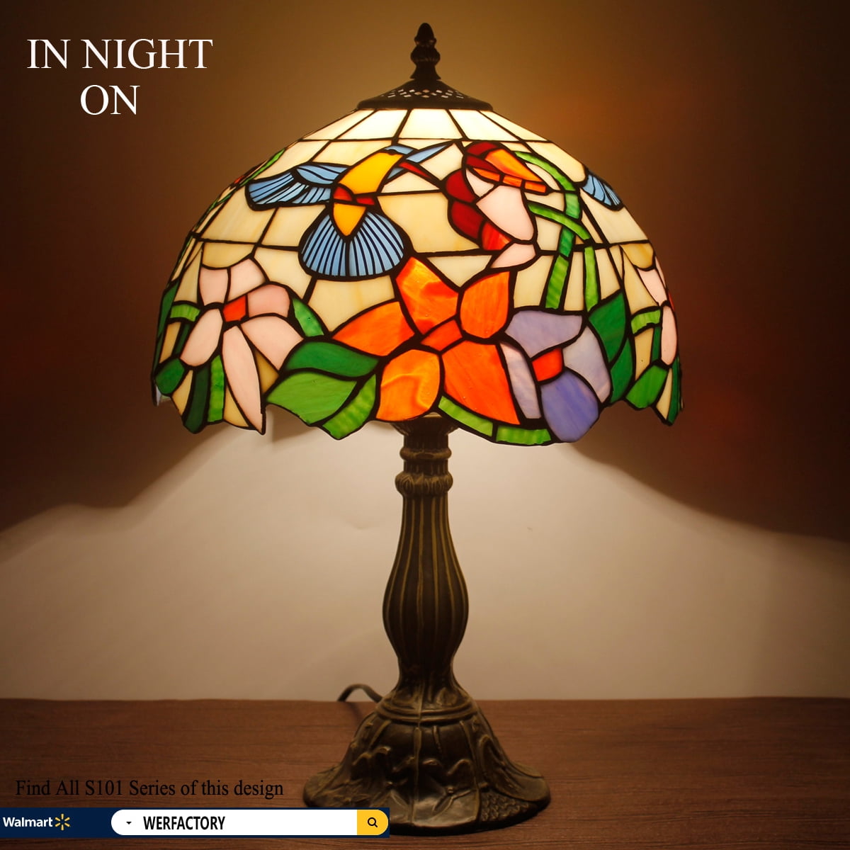 Tiffany Lamp W12H18 Inch Hummingbird Stained Glass Reading Table Bedside Desk Light S101 WERFACTORY Lamps Antique Art Craft Gift Parent Girlfriend Lover Kid Living Room Bedroom Study Coffee Bar Deco