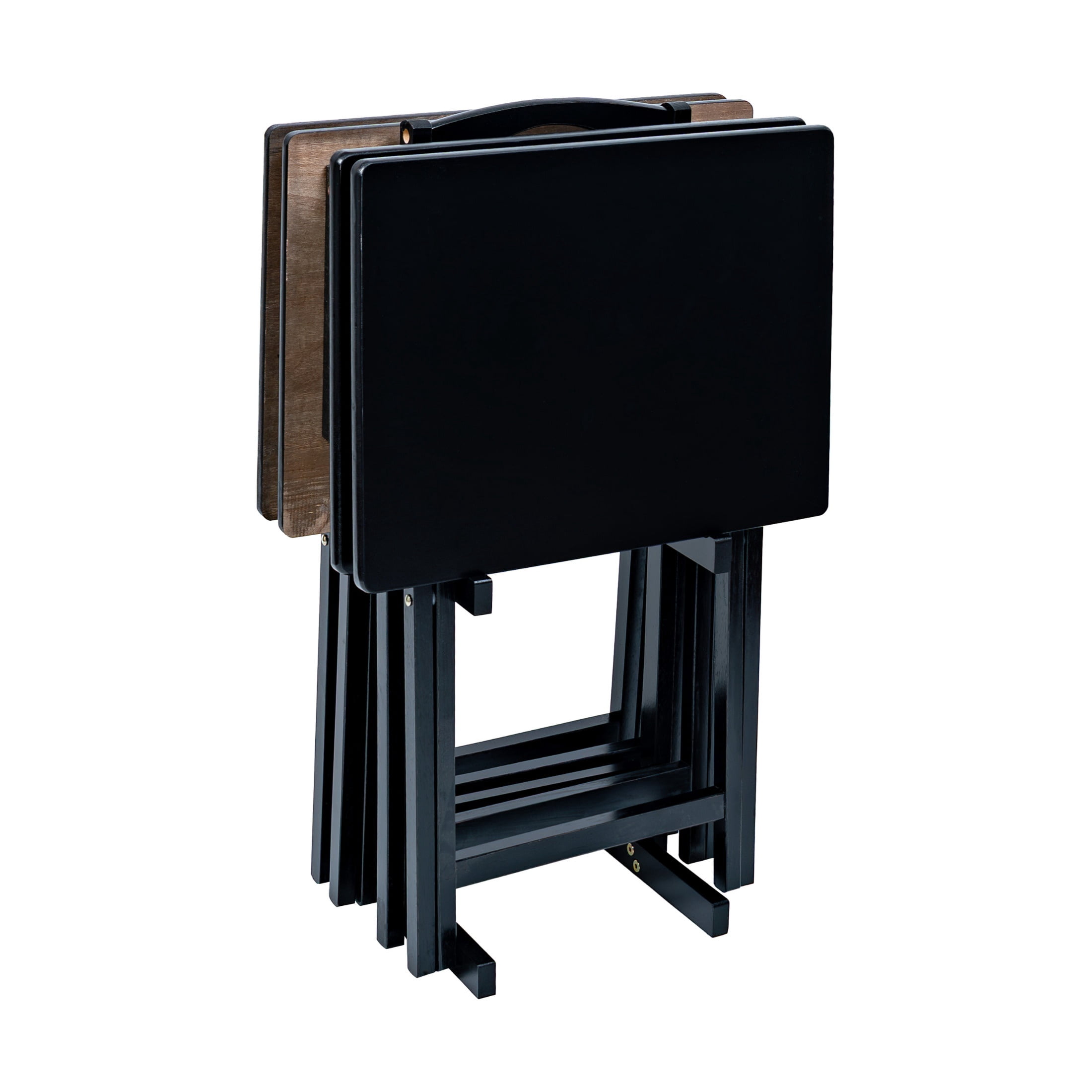 Mainstays 5-Piece Rubberwood Folding TV Tray Table Set of 4 with Storage Rack, Black