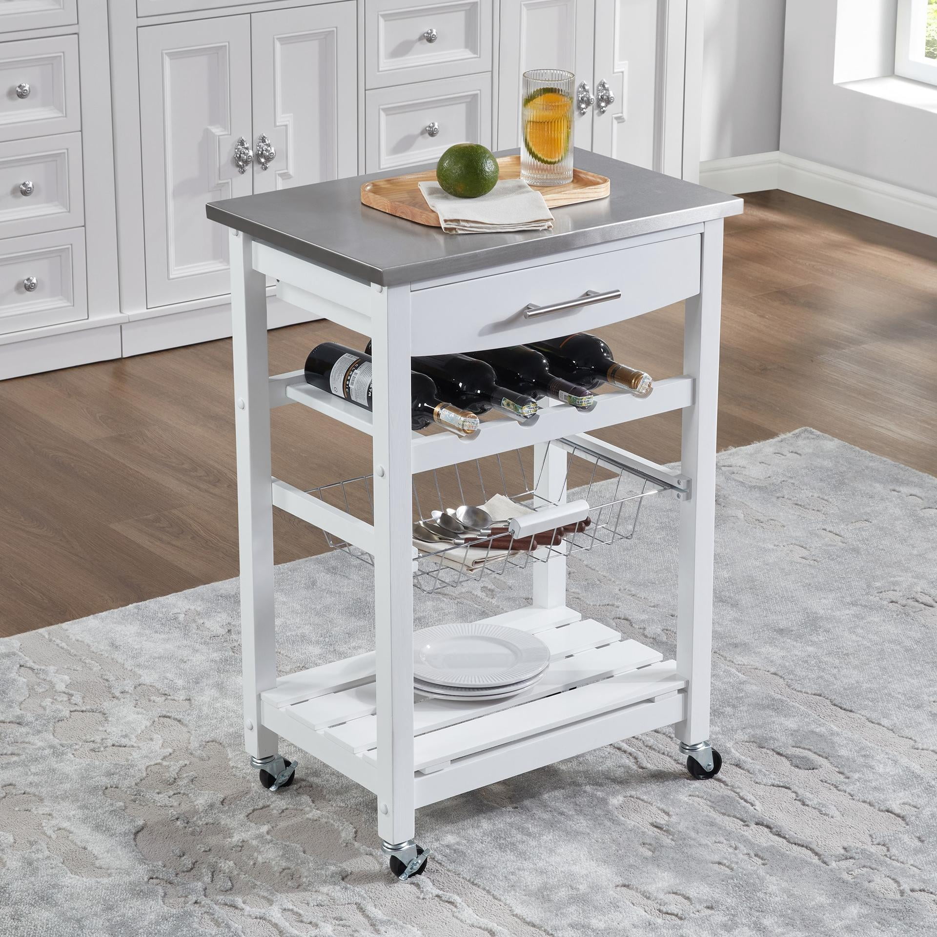 Lisonu Rolling Kitchen Island Cart, 23" Mobile Serving Trolley with Stainless Steel Top & Wood Frame, White Utility Cart with Storage Drawer and Wire Basket for Food Prep