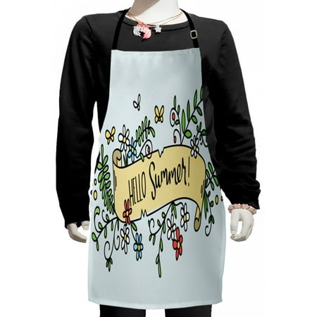 

Hello Summer Kids Apron Ribbon with a Calligraphy Drawn by Hand Floral Blossoming Illustration Boys Girls Apron Bib with Adjustable Ties for Cooking Baking Painting Multicolor by Ambesonne