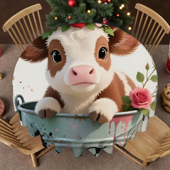 1pc Highland Cow Rose Print tablecloth round, Polyester Tablecloths Machine-Made, Highland Cow Rose
