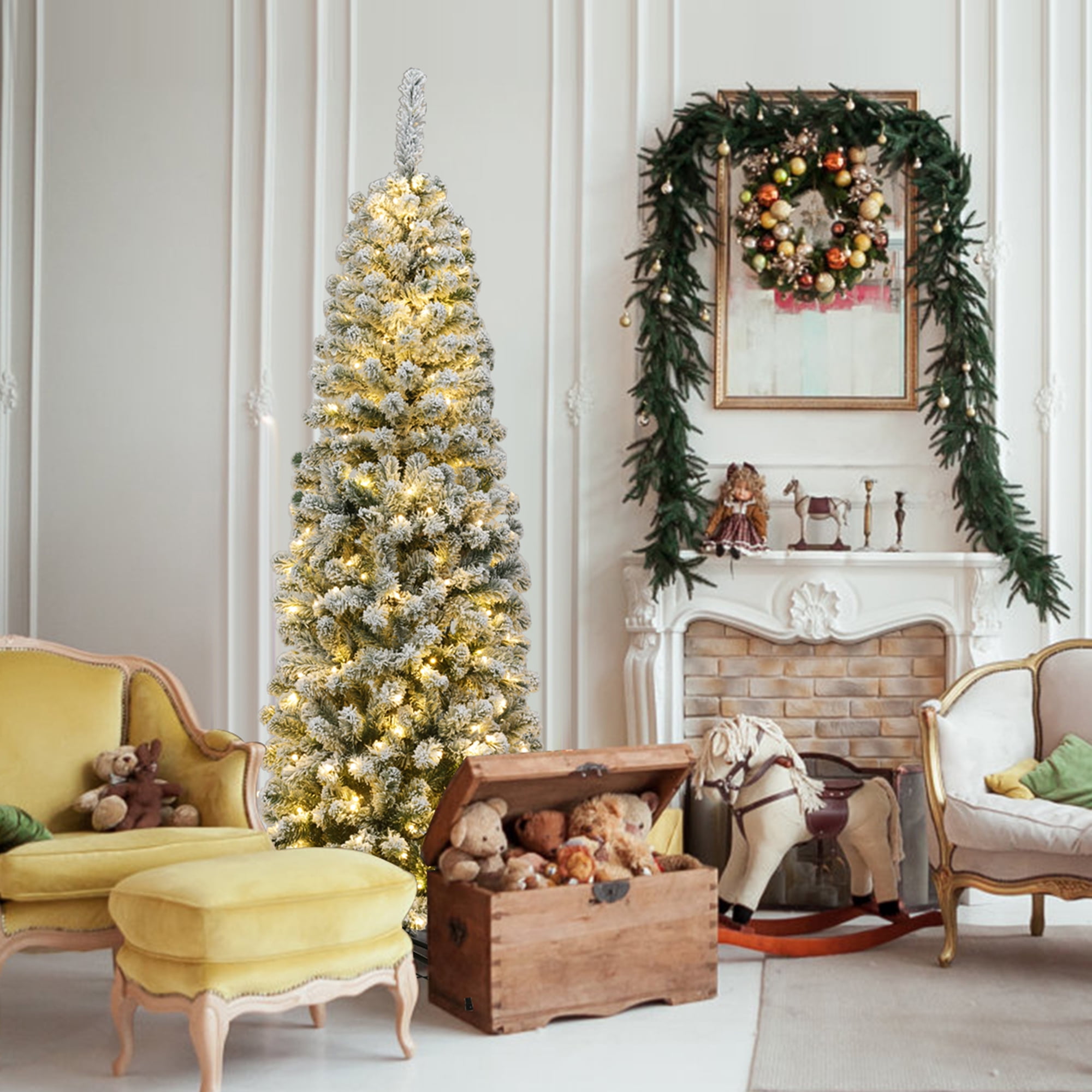 Gymax 6ft Pre-lit Pencil Snow Flocked Pencil Christmas Tree Holiday Decoration