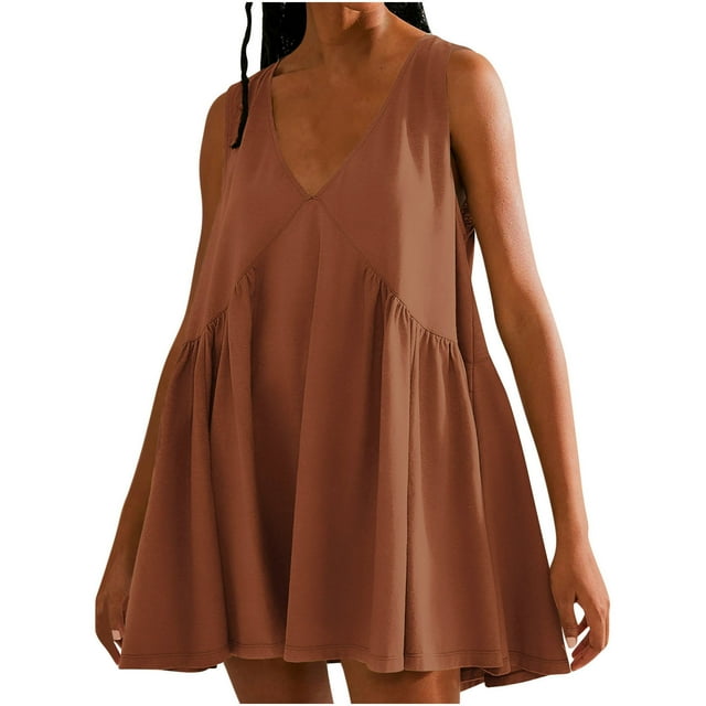 VEKDONE Mode Femmes Été Décontracté Uni Col en V Sans Manches Robe Mini Orange G