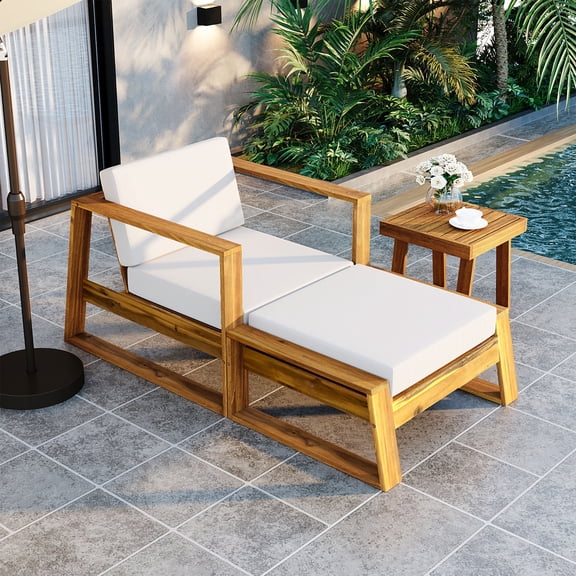 Outdoor Acacia Wood Lounge Set with Chair and Ottoman with Removable Cushions,All-Weather Outdoor Chaise Lounge/Daybed,Perfect for Patios,Balconies and Garden