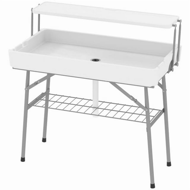 Portable Folding Camping Ice Cooler Table with Sink & Shelf, Multifunctional Outdoor Dining Table