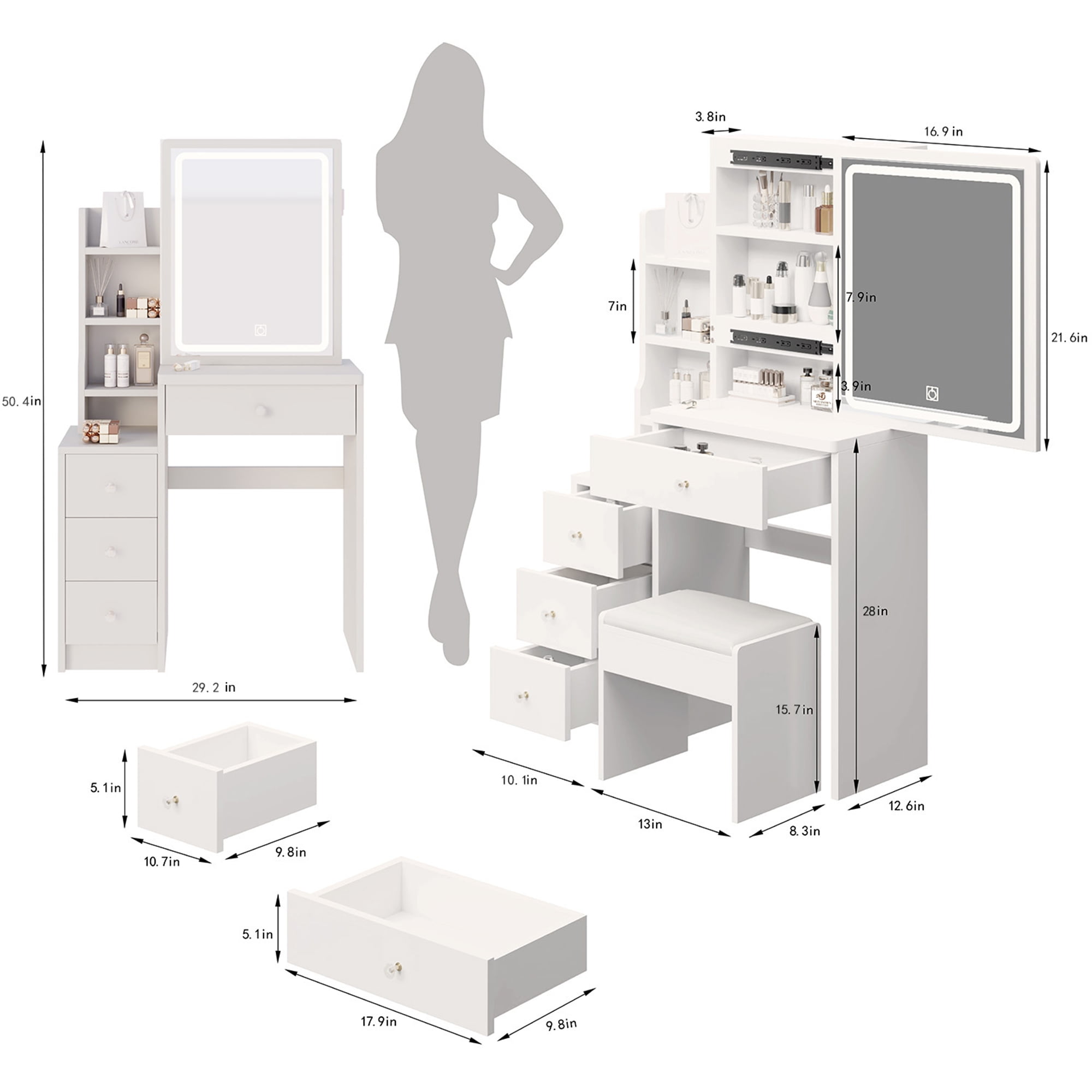 Vastcury Vanity Desk Set with Large Touch Control Sliding LED Mirror, Tri-Color Switching, Brightness Adjustable, Small Size Makeup Table for Girls, White